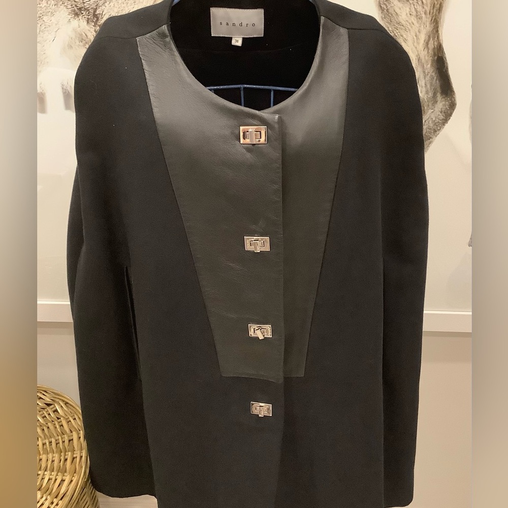 Sandro Paris Cape Coat with leather front insert and silver toggle buttons